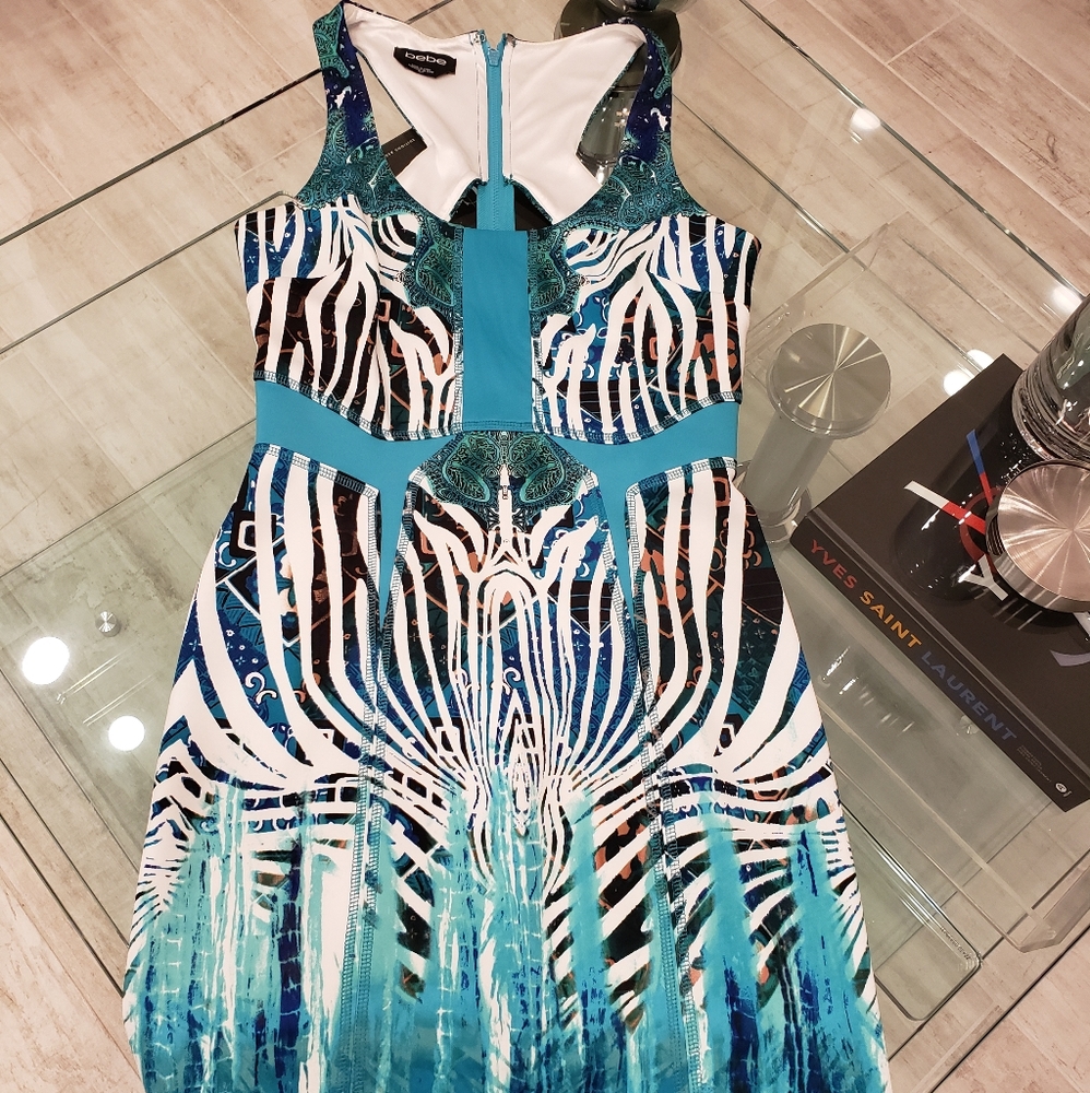 FLASH SALE- Bebe zebra pattern turquoise, white and black mini dress.